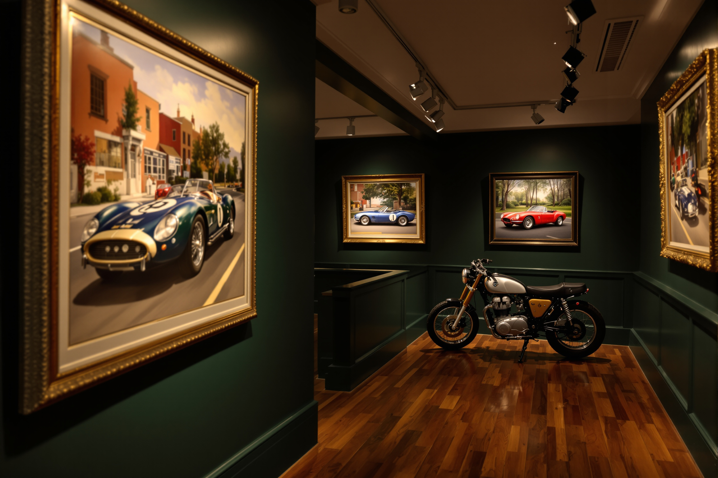Automotive art gallery interior with framed classic car paintings on dark green walls