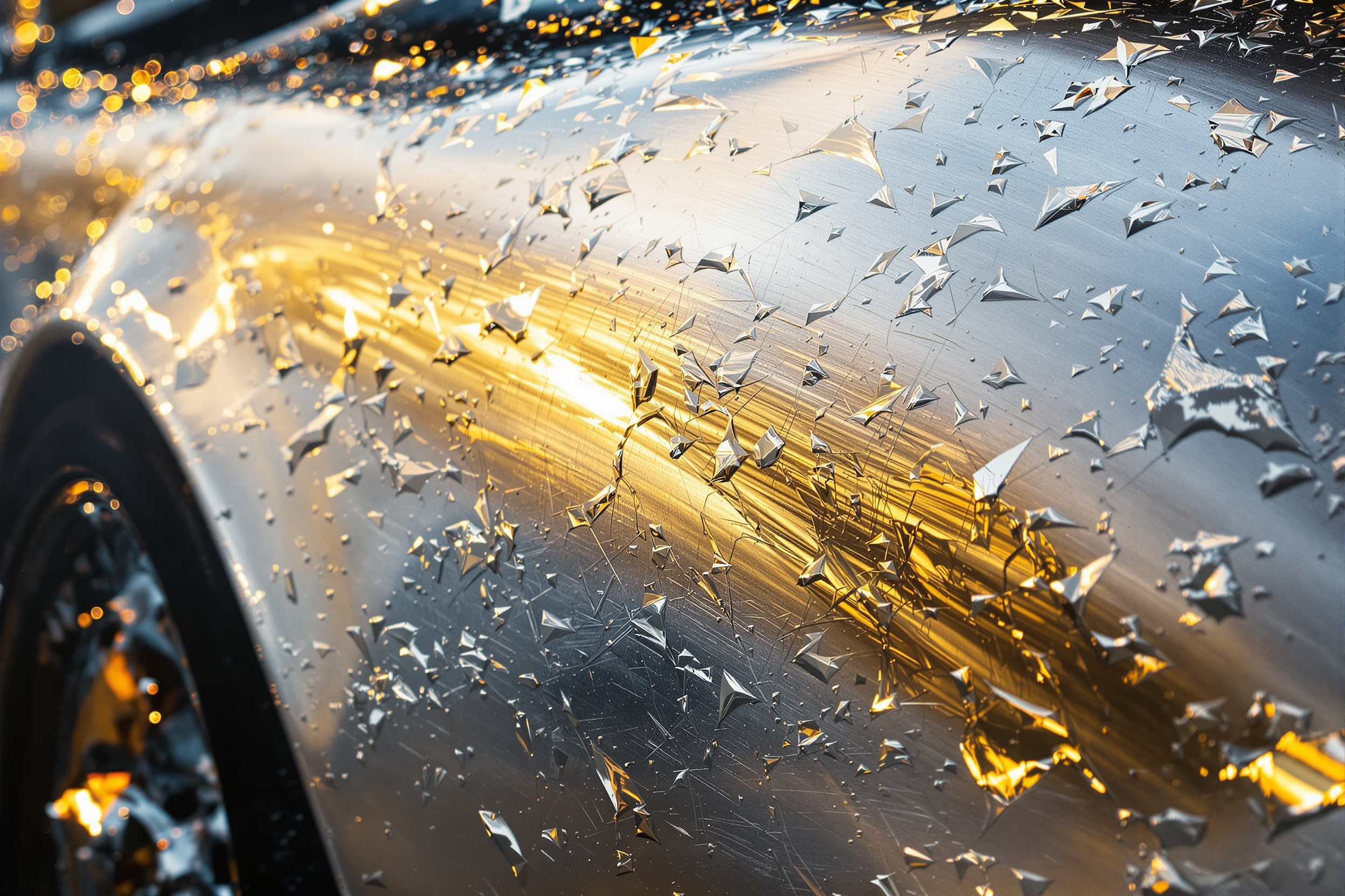 Close-up of a textured oil painting of a classic silver sports car