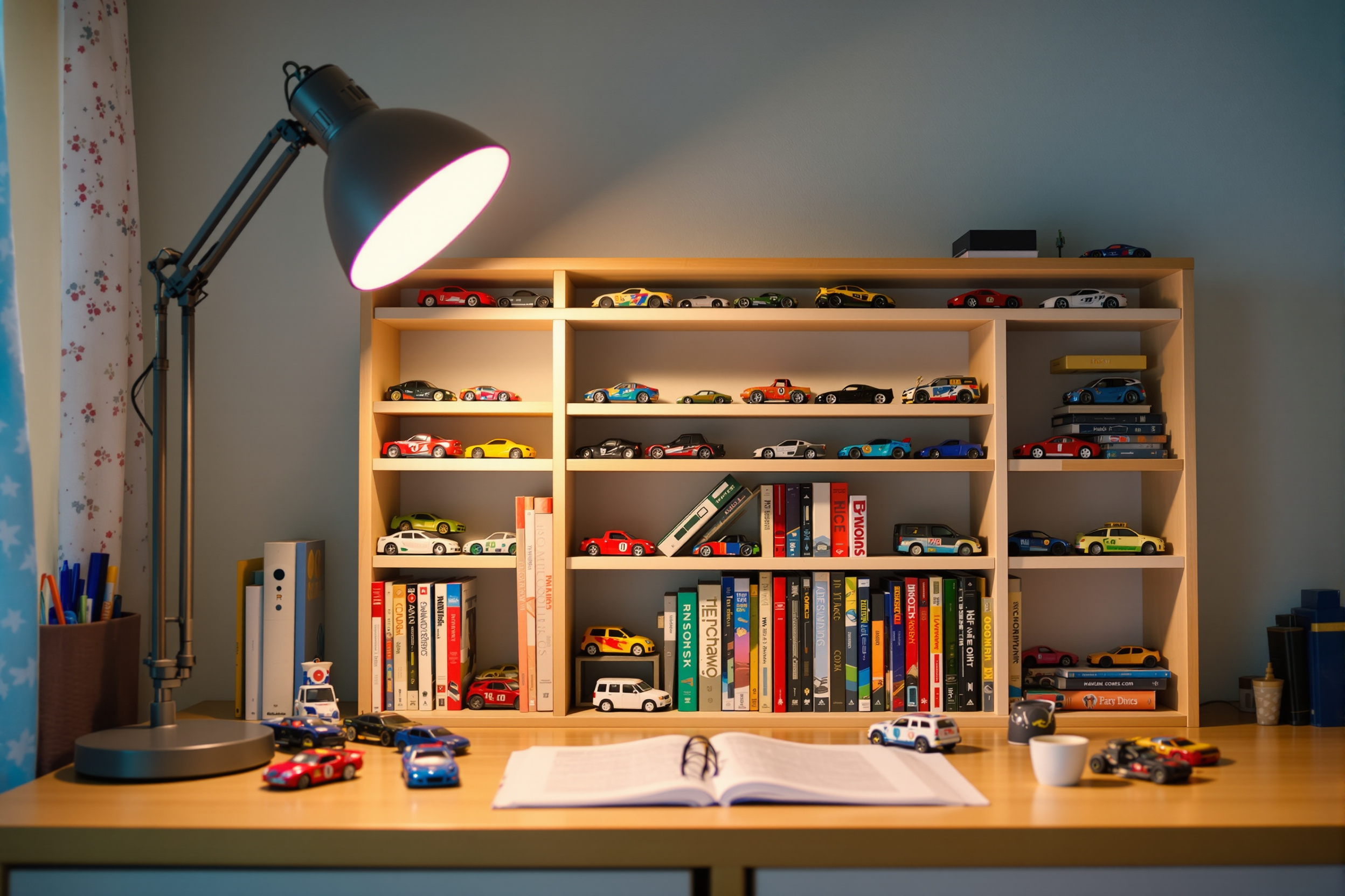A young collector&rsquo;s shelf with colorful diecast model cars under warm lamp light