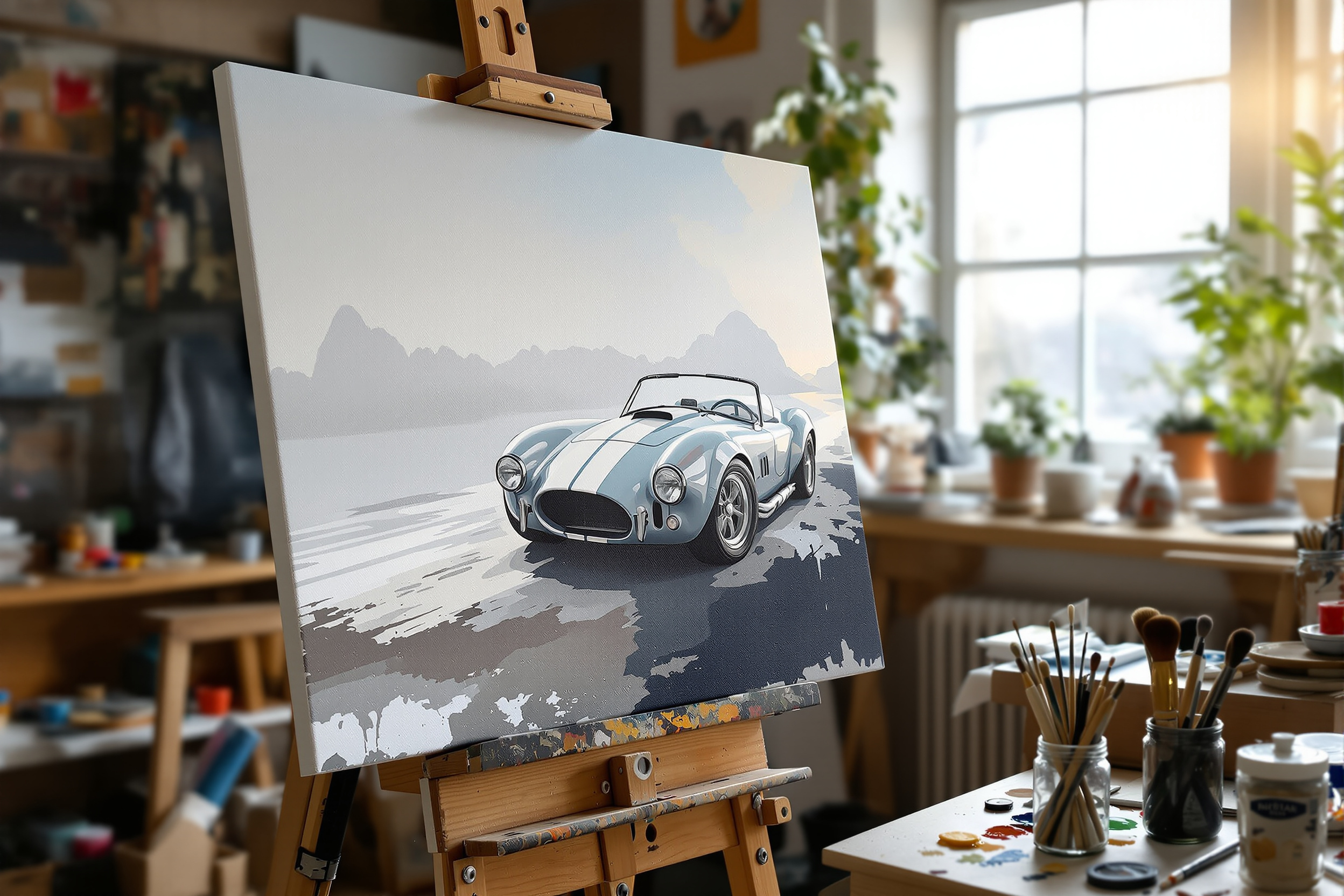 Artist studio with a partially finished oil painting of a classic sports car on a wooden easel