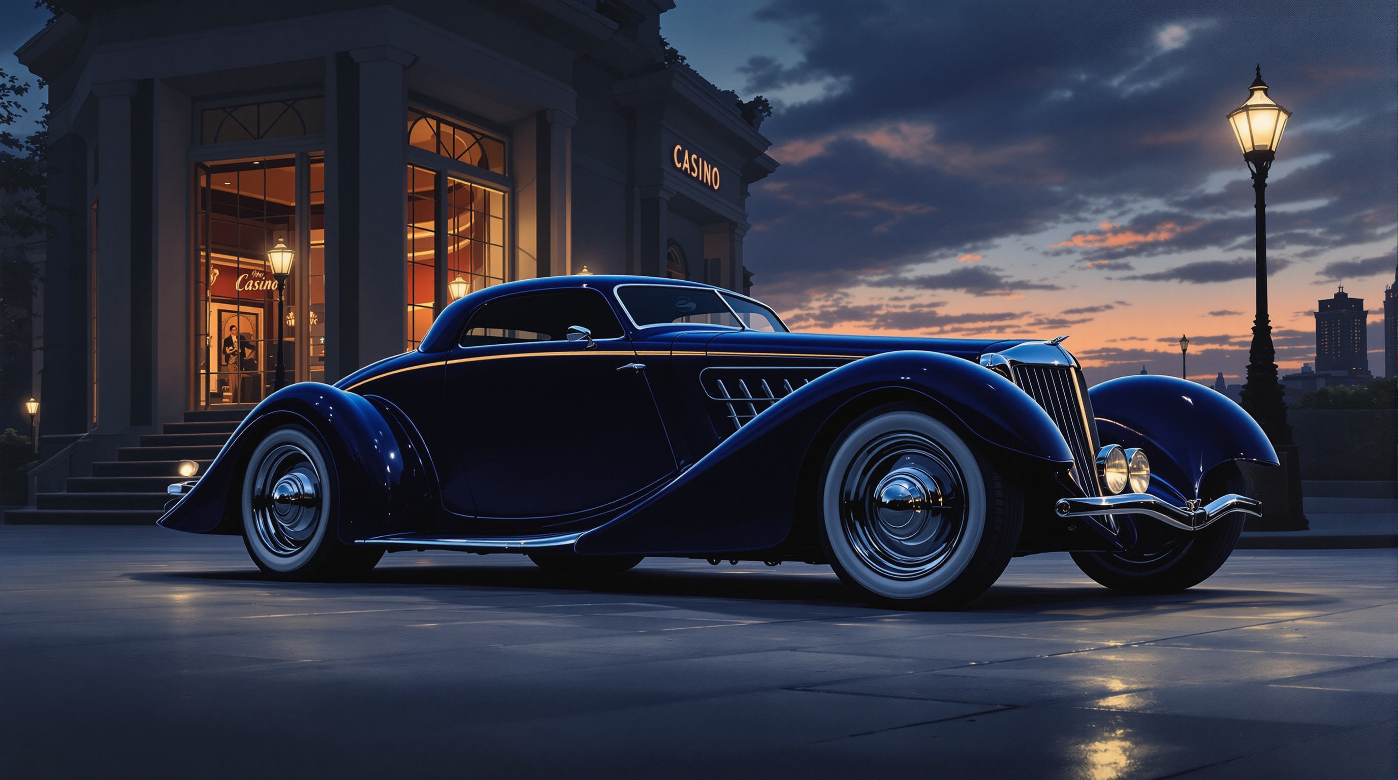Fine art painting of a late-1930s French coachbuilt roadster with teardrop fenders at twilight