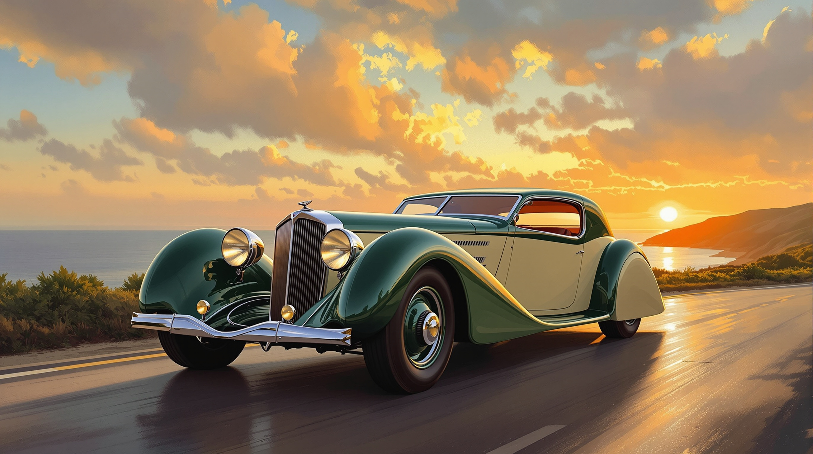 Oil painting of a 1930s streamlined grand touring car on a coastal road at golden hour
