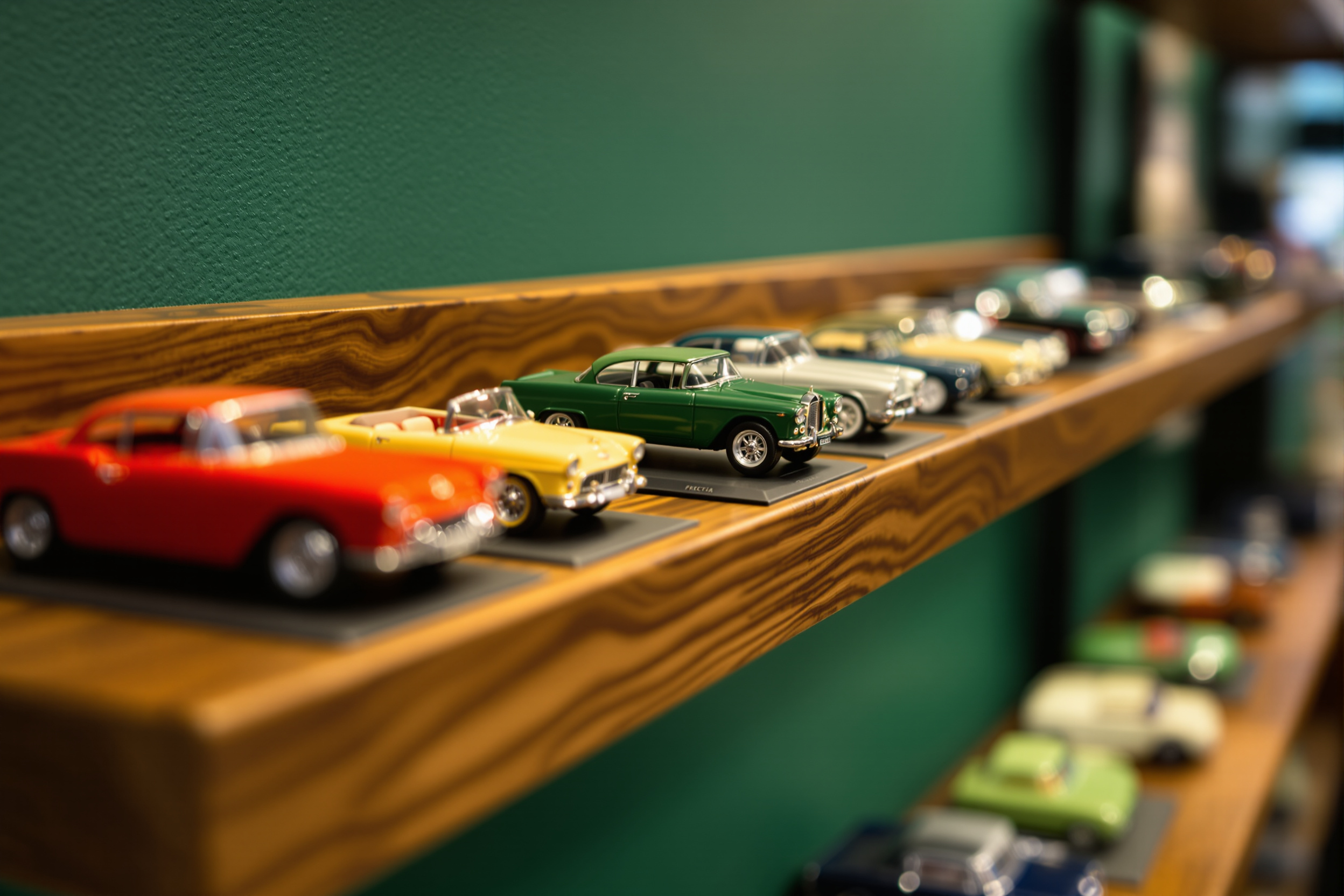 Hand-built 1:43 scale classic car models displayed on a walnut shelf