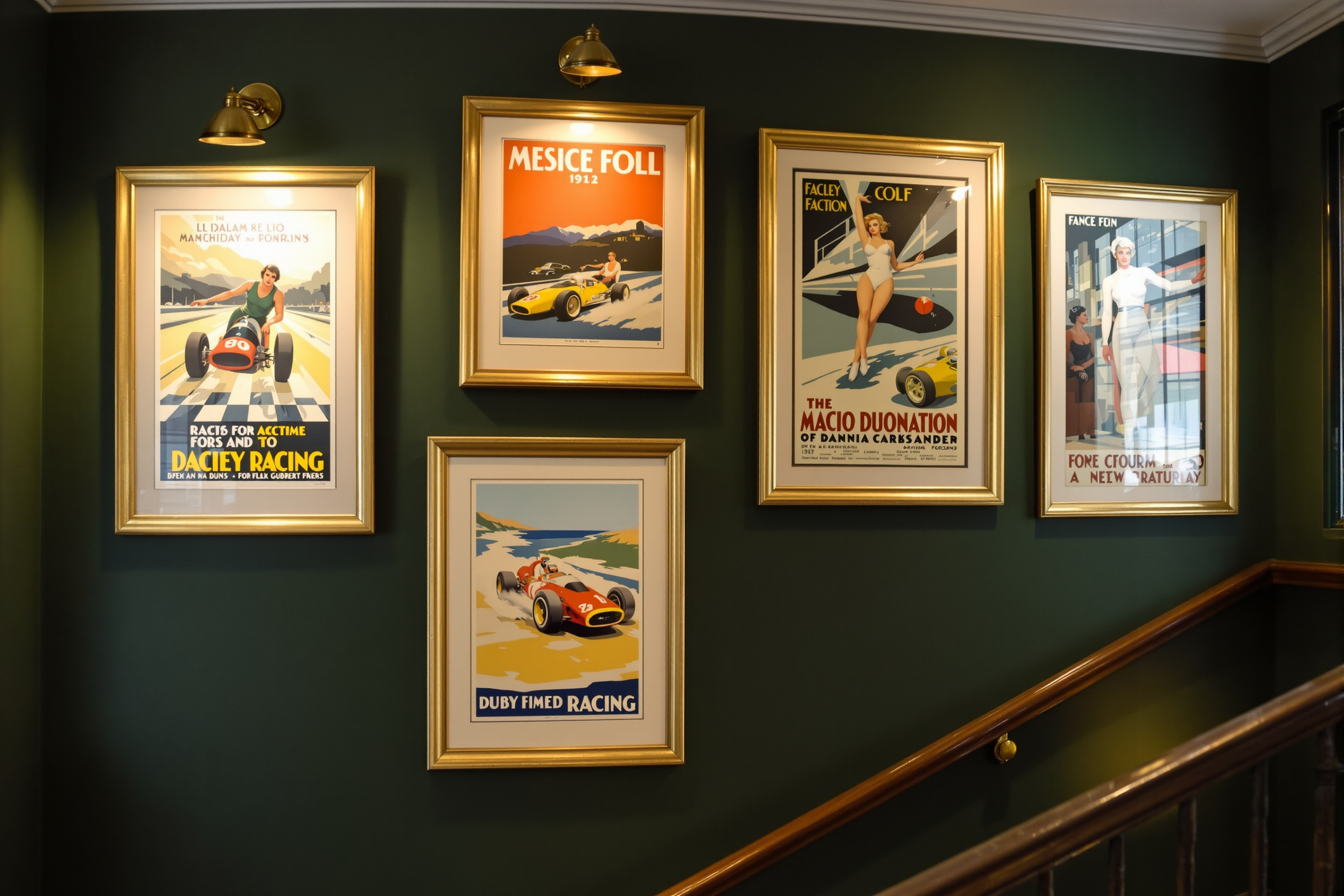 Framed art deco vintage racing posters on a dark green gallery wall