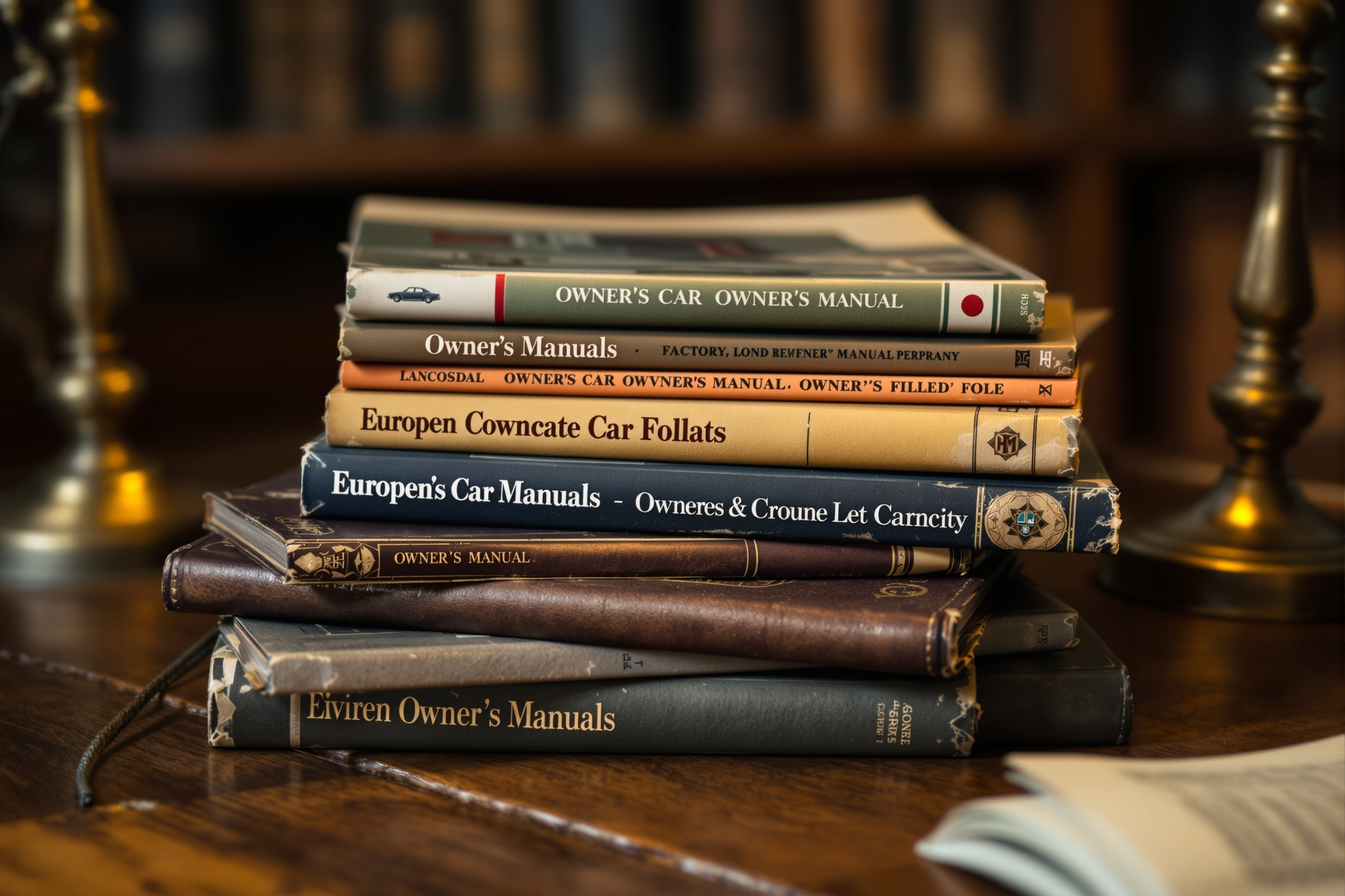 A stack of weathered vintage European car owner&rsquo;s manuals and factory booklets on a walnut desk