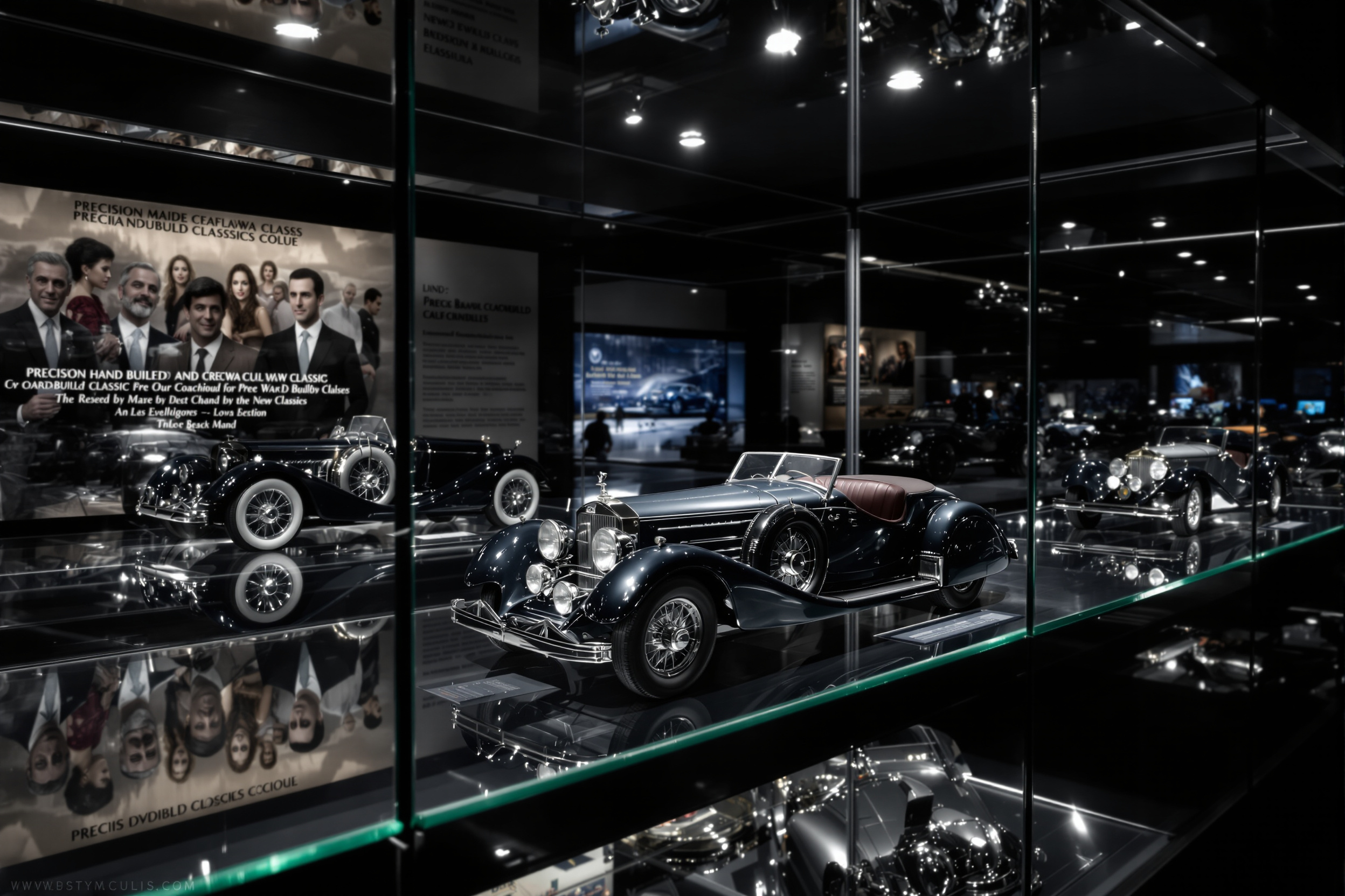 Museum display case with precision hand-built scale models of pre-war coachbuilt classic cars