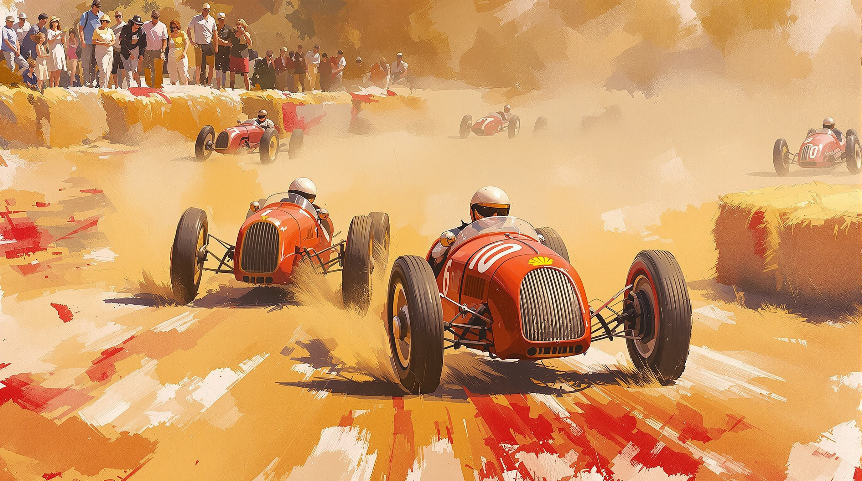Painterly vintage motorsport scene with 1950s open-wheel race cars sliding through a corner