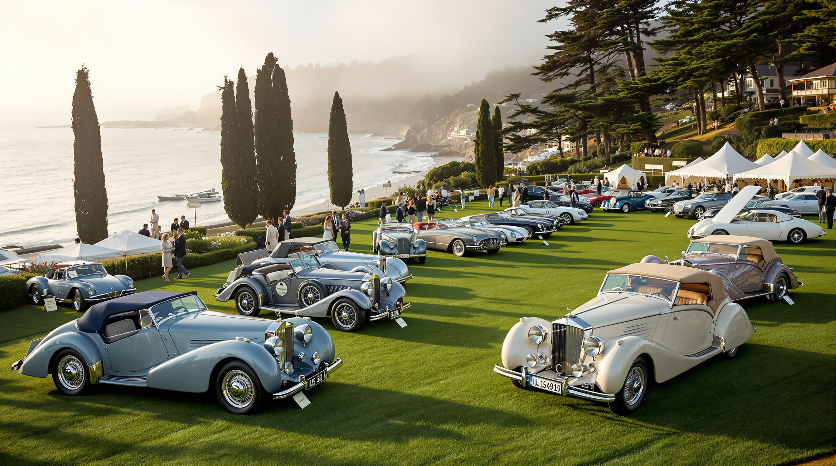 Classic pre-war automobiles arranged on a seaside concours lawn at dawn with white exhibition tents
