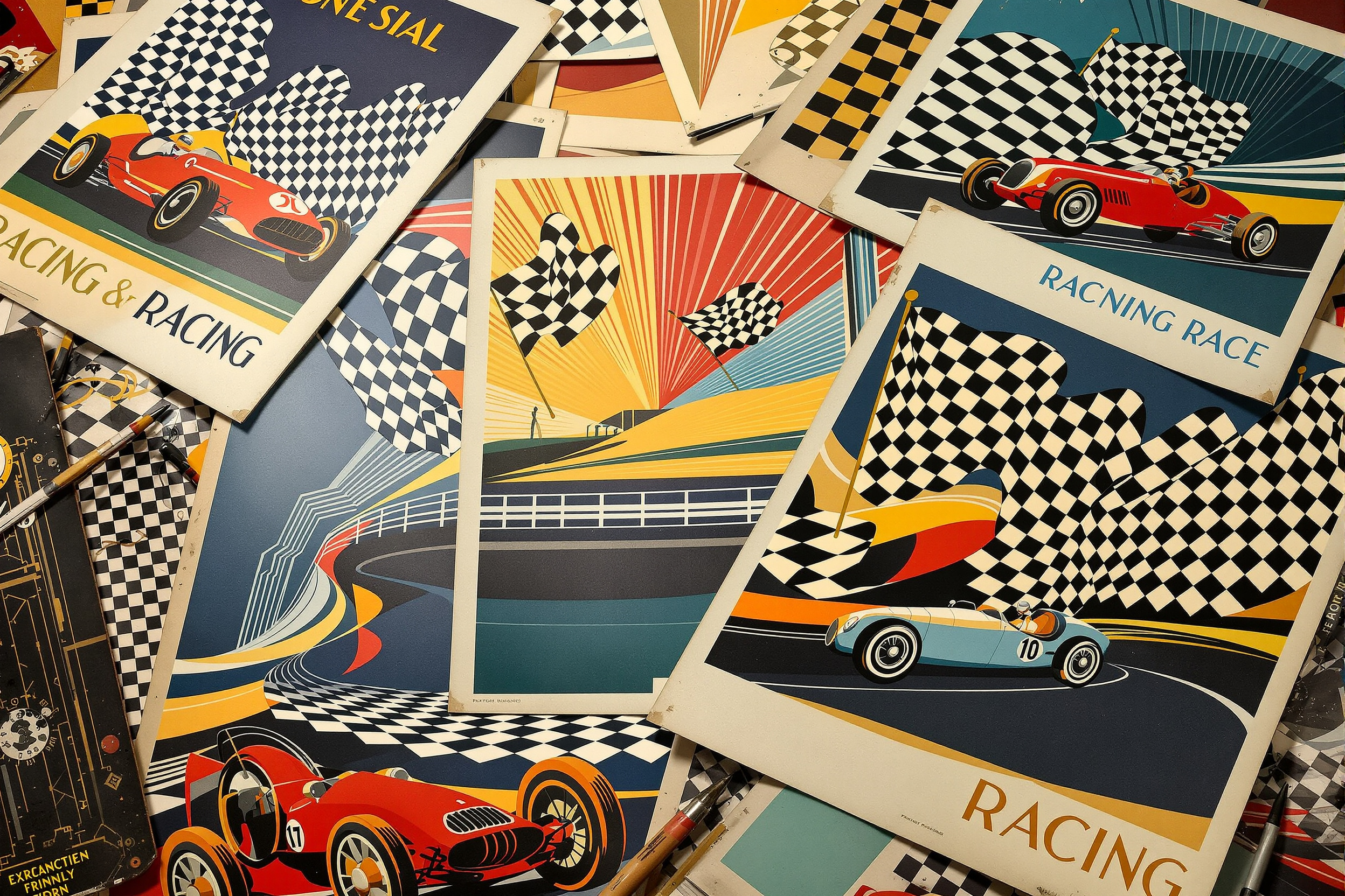 Art deco vintage racing poster artworks spread across a printmaker&rsquo;s table
