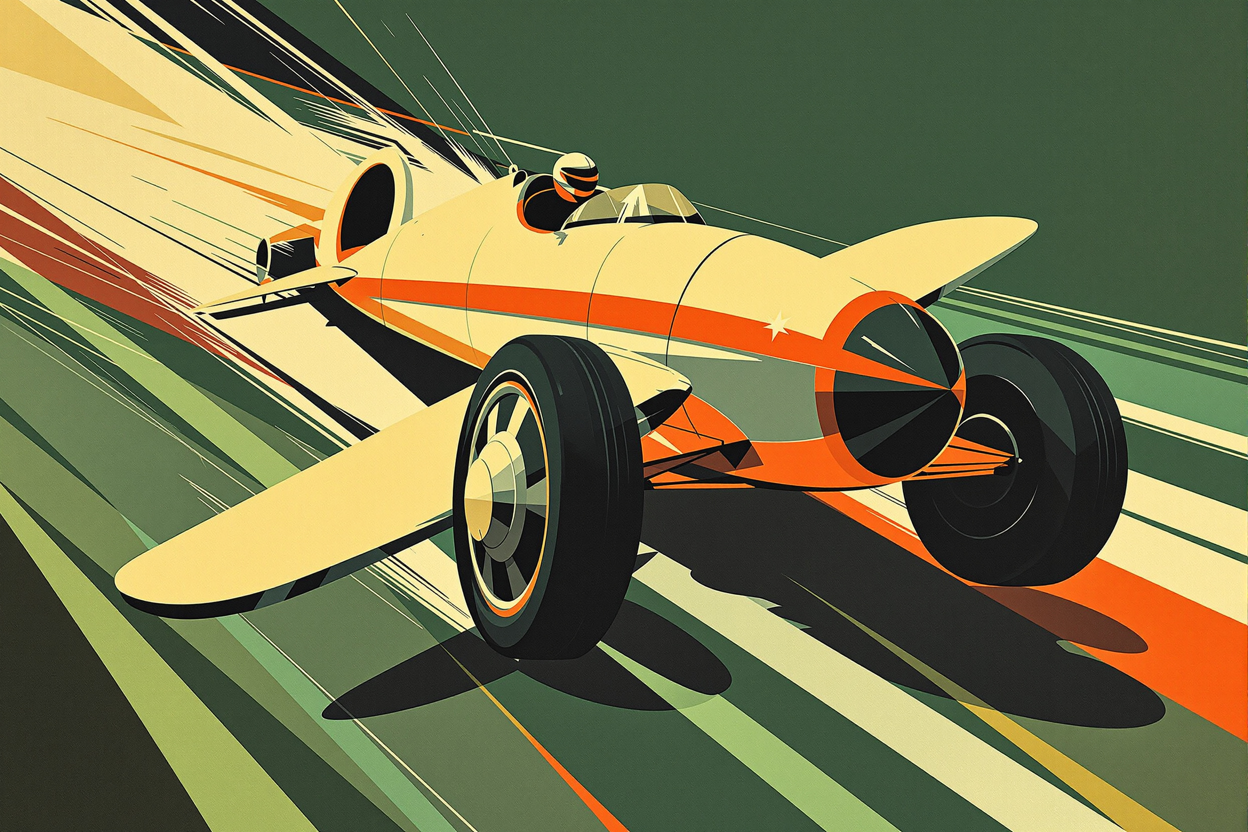 Art deco style vintage racing poster artwork of a streamlined race car and monoplane in bold flat colors