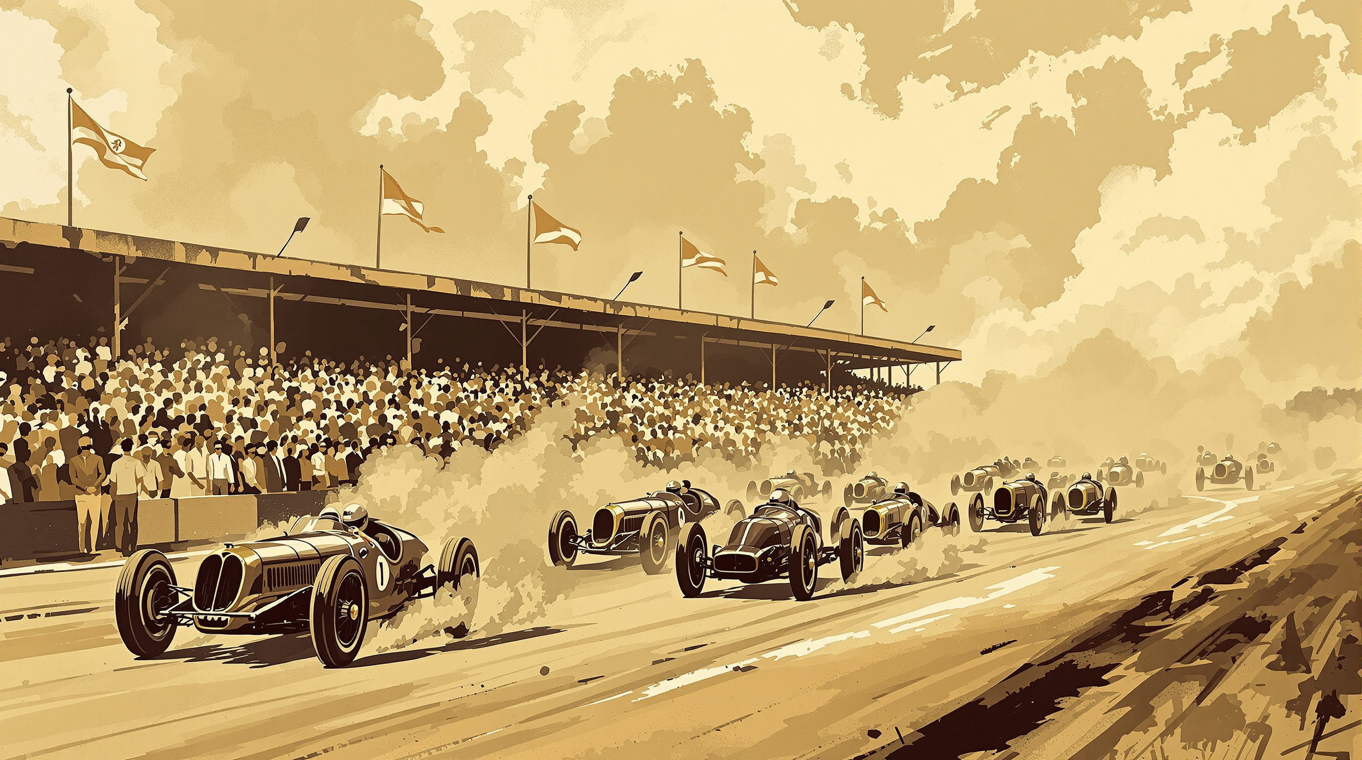 Sepia-toned painterly scene of 1930s grand prix cars racing past a packed grandstand