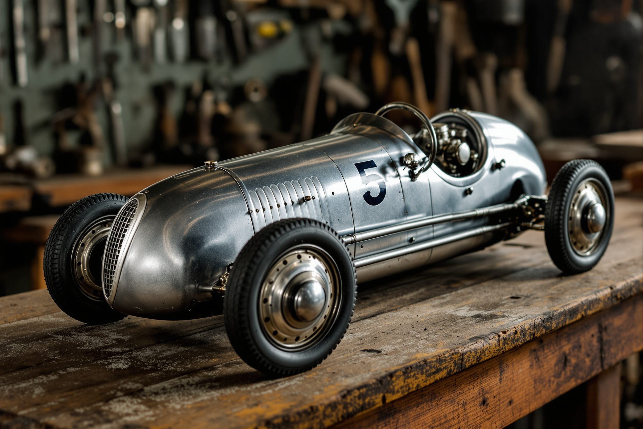 Vintage 1940s polished aluminum tether car miniature racer on a wooden workbench